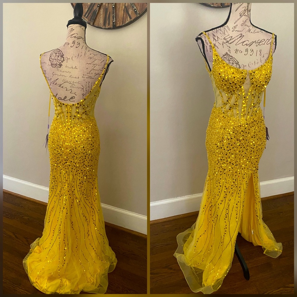 NWT beaded yellow formal dress, prom dress or pageant evening gown with slit